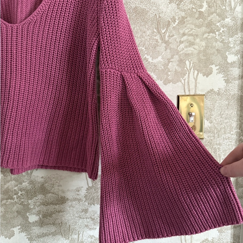 Free People Rose Pink V-Neck Bell Sleeve Sweater - Picture 3 of 10